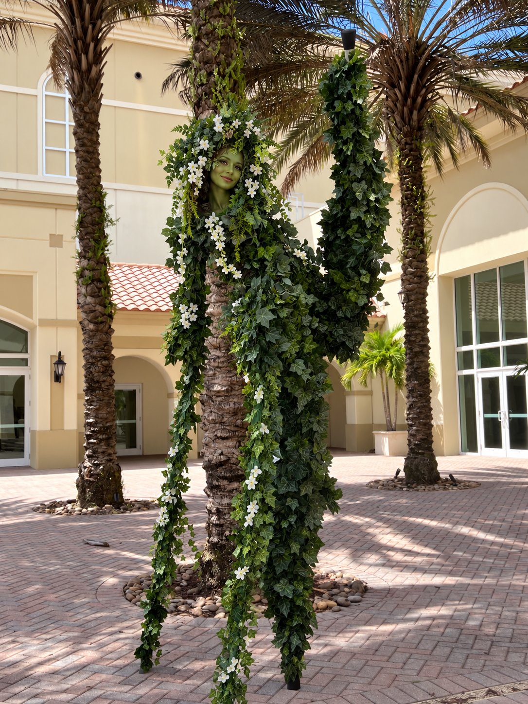 Courtyard palms wrapped in living ivy greenery