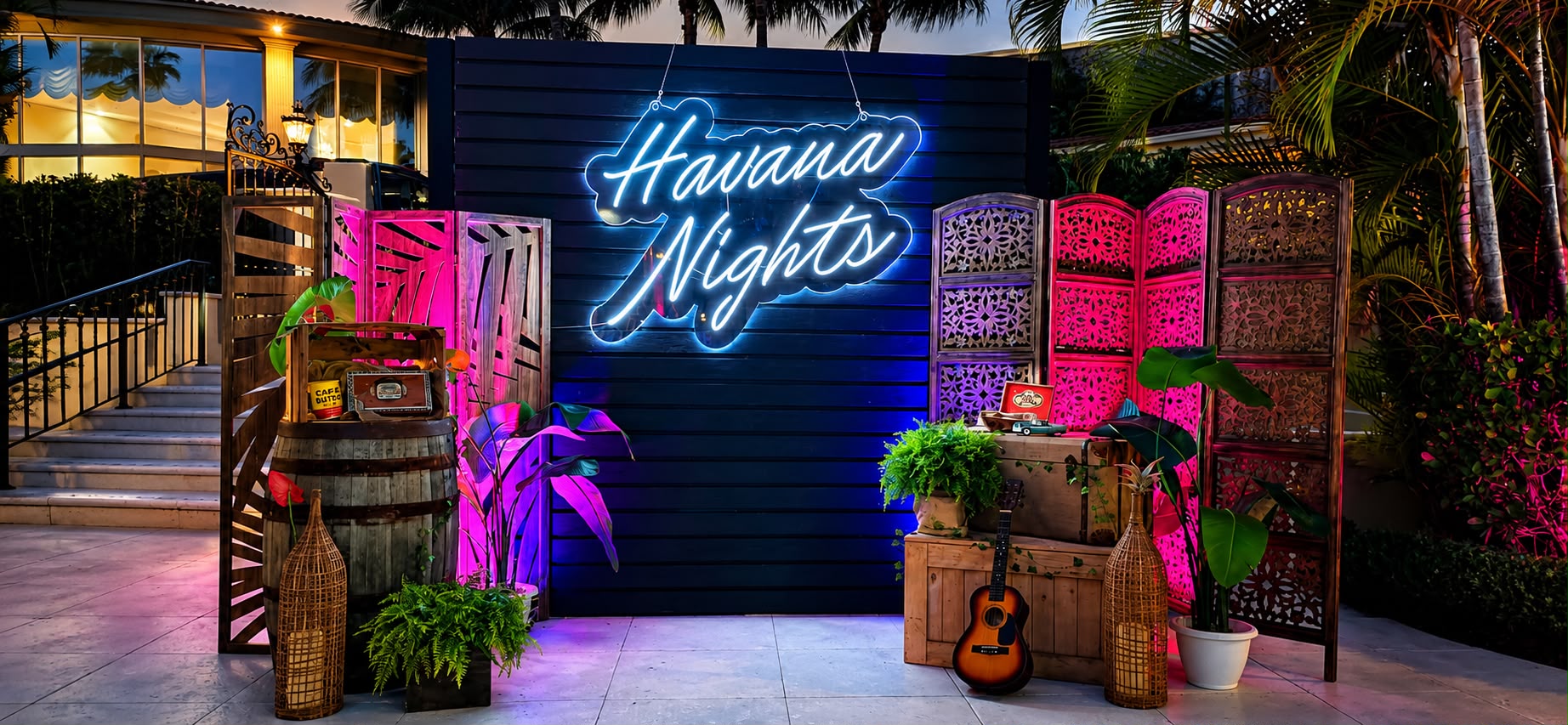 Havana Nights neon photo activation with custom screens and tropical décor