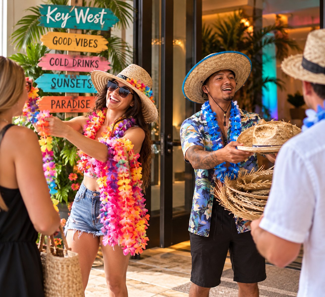 Key West tropical welcome party greeters with signage
