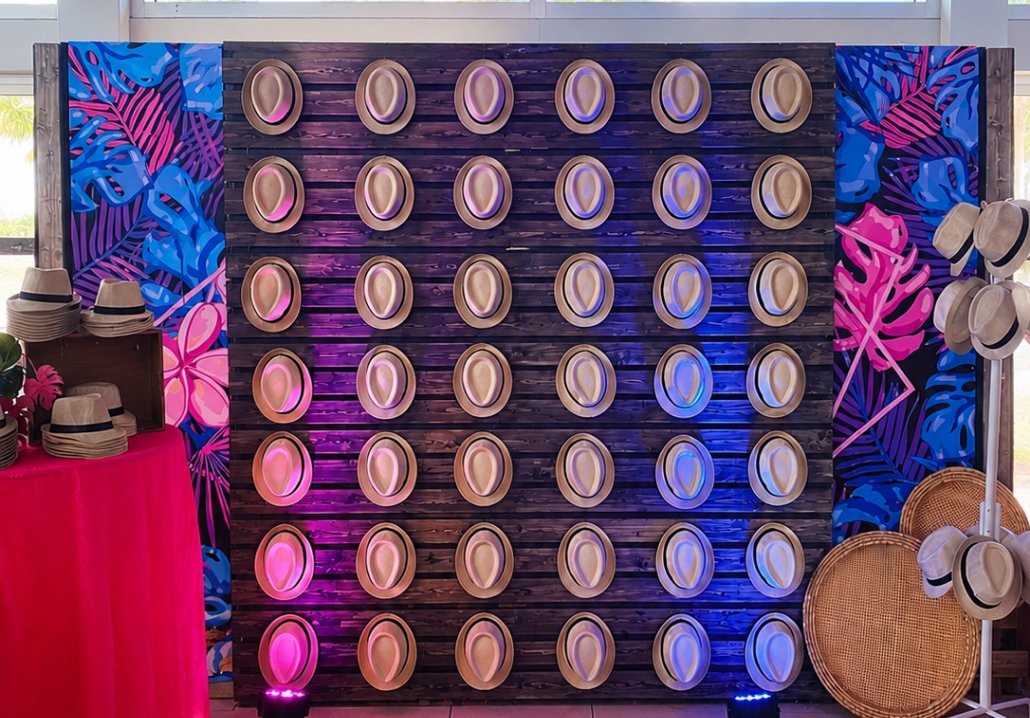 Tropical donut wall with neon palm accents
