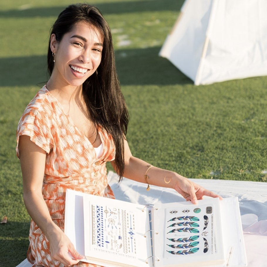 Guest showing a custom event favor display