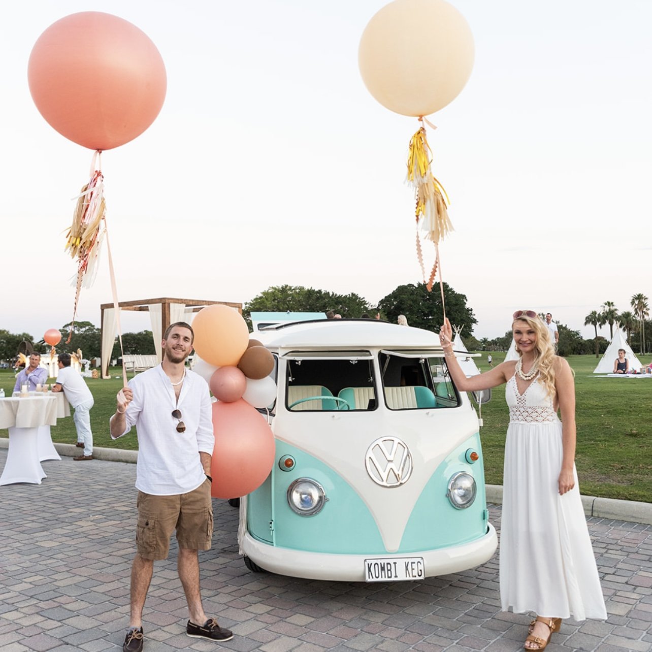 Vintage VW bus photo moment with giant balloons