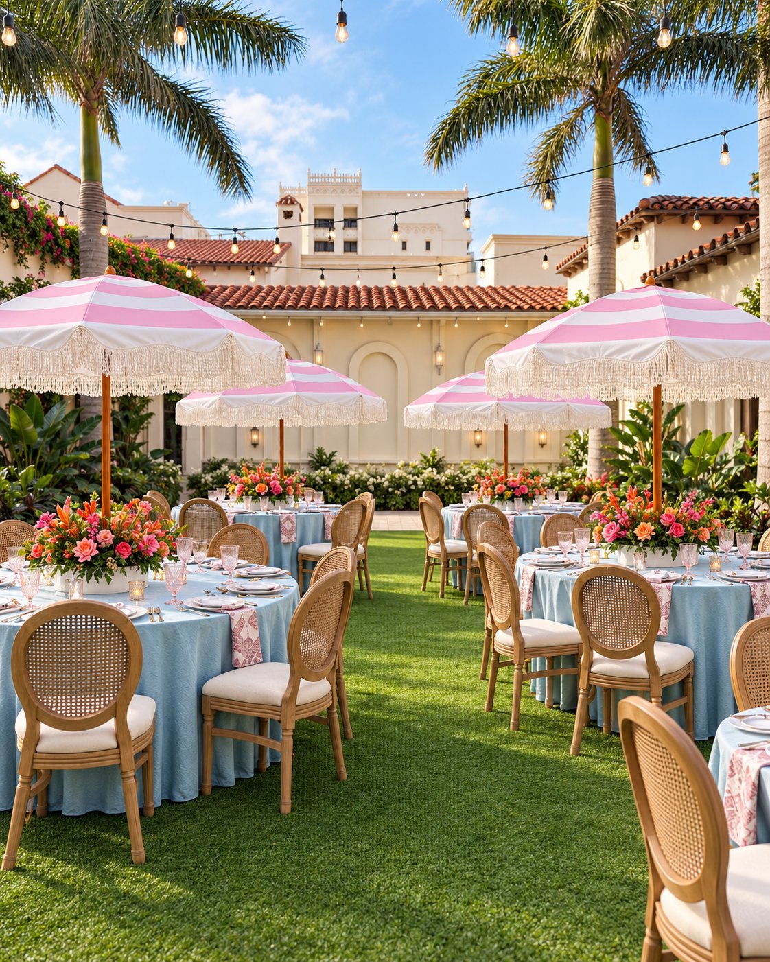 Garden reception with striped umbrellas and floral tablescapes