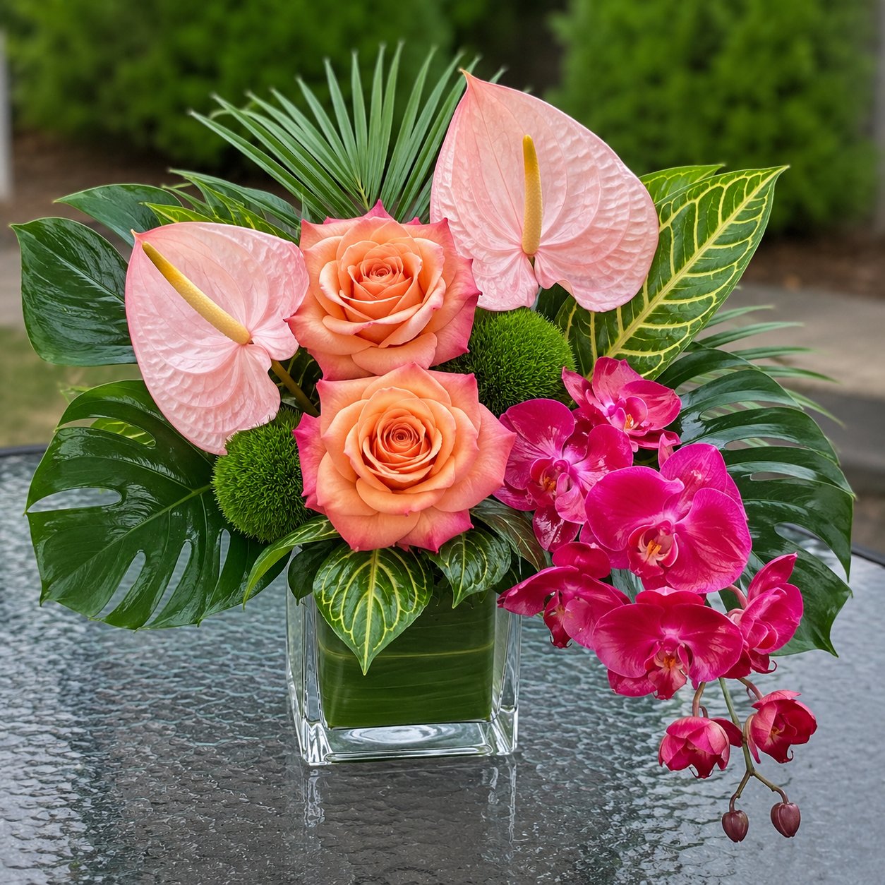Tropical floral arrangement with anthurium, roses, and orchids