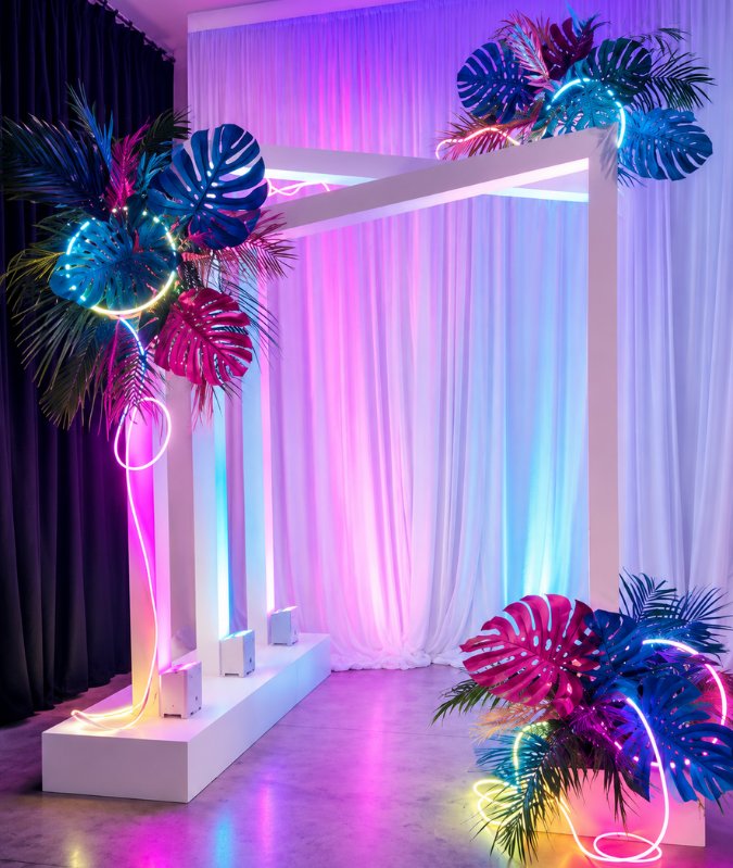 A Night Beneath The Palms neon palm leaf stage structure