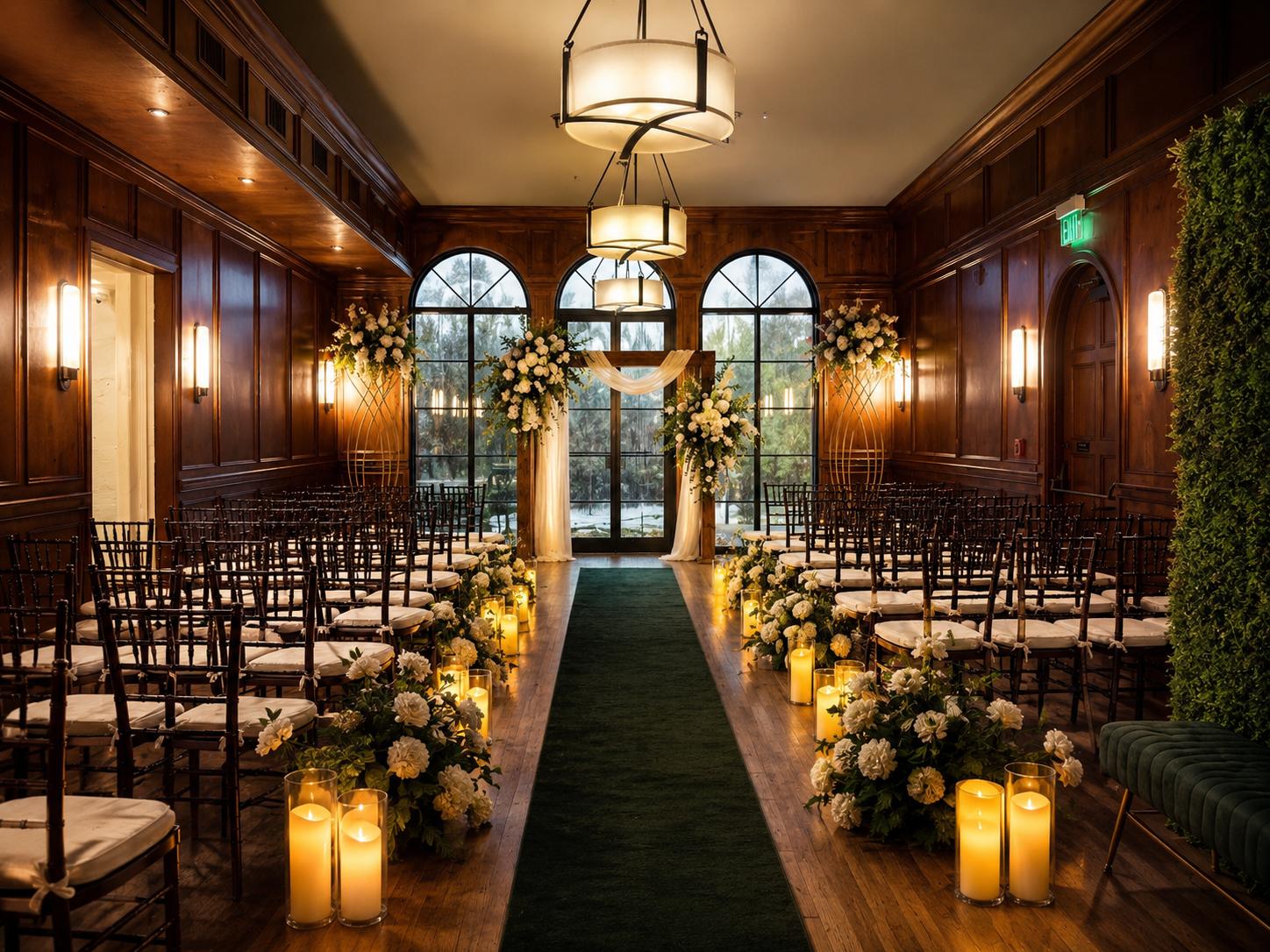 Wedding ceremony with floral arch, candlelit aisle, and greenery wall